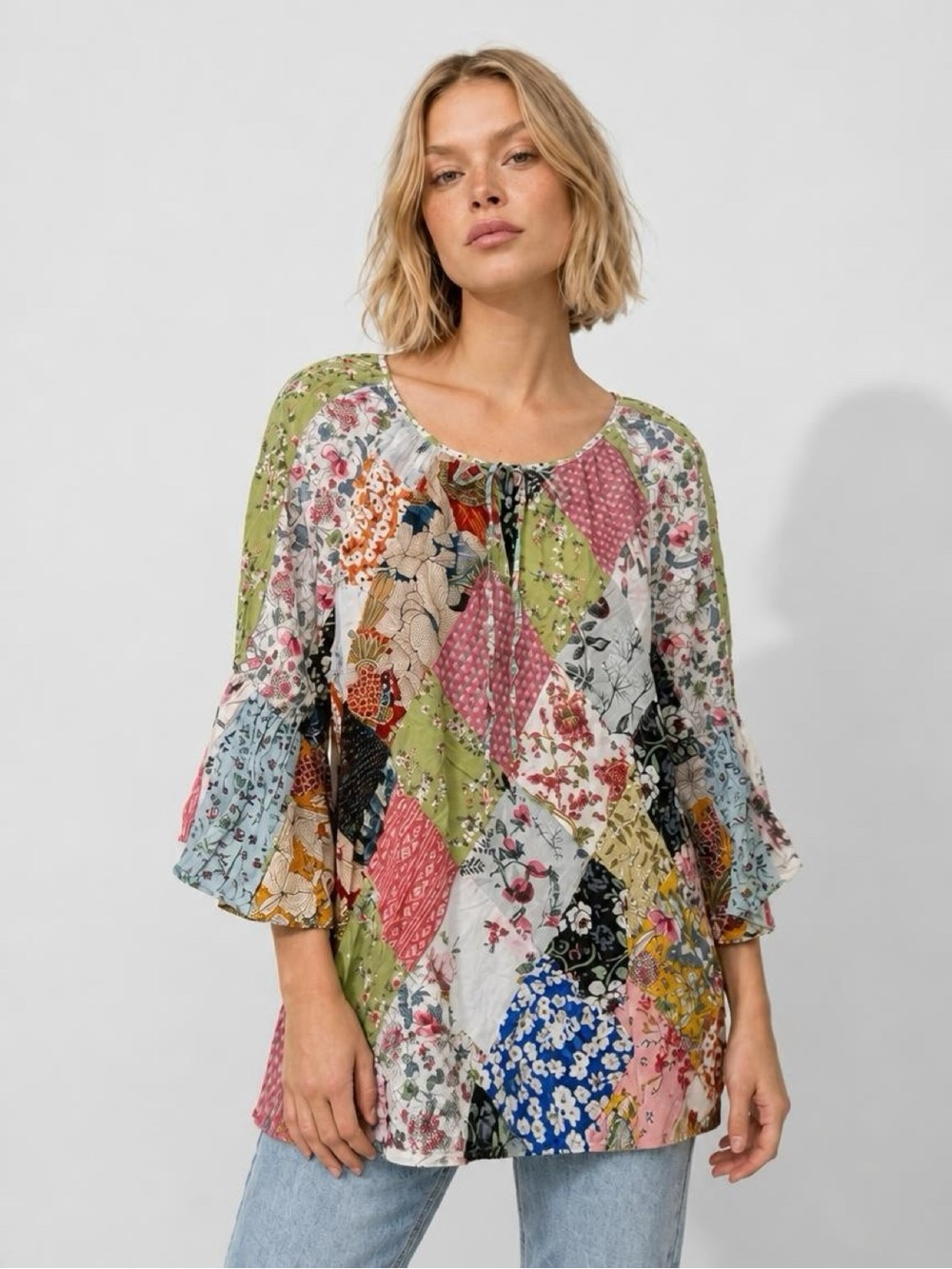 Young Threads Bohemian Patchwork Peasant Top Multicolor 1X Western Goth NWT